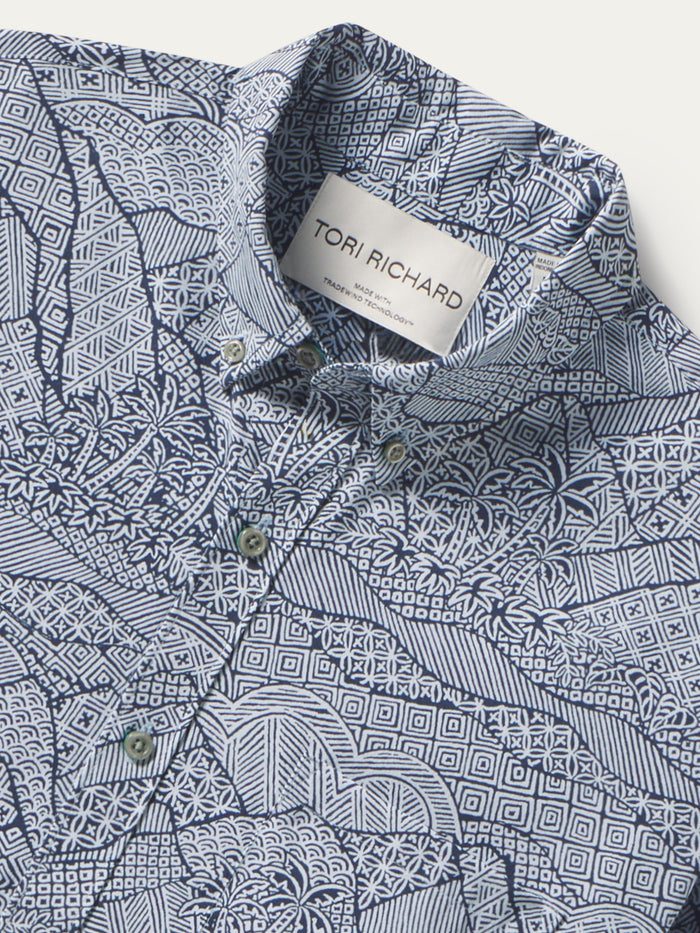 Blue and white shibori-print long-sleeve shirt, front view, collar label visible (Images 1 & 2).