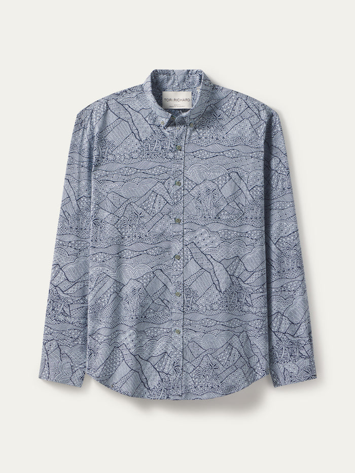 Blue long-sleeve shirt with white and navy mountain pattern, laid flat against white background{{/AltText}}.