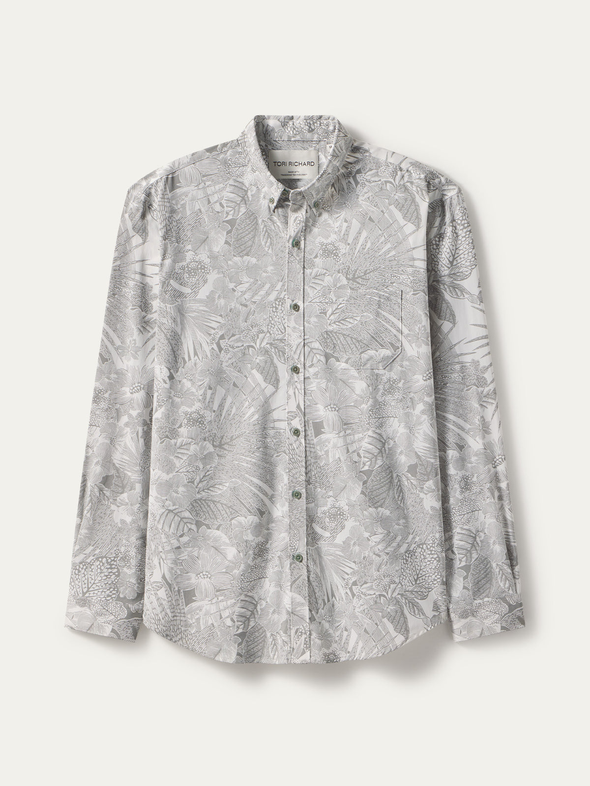 Gray and white tropical leaf print long-sleeve shirt, flat lay on light background (images 1 and 2).
