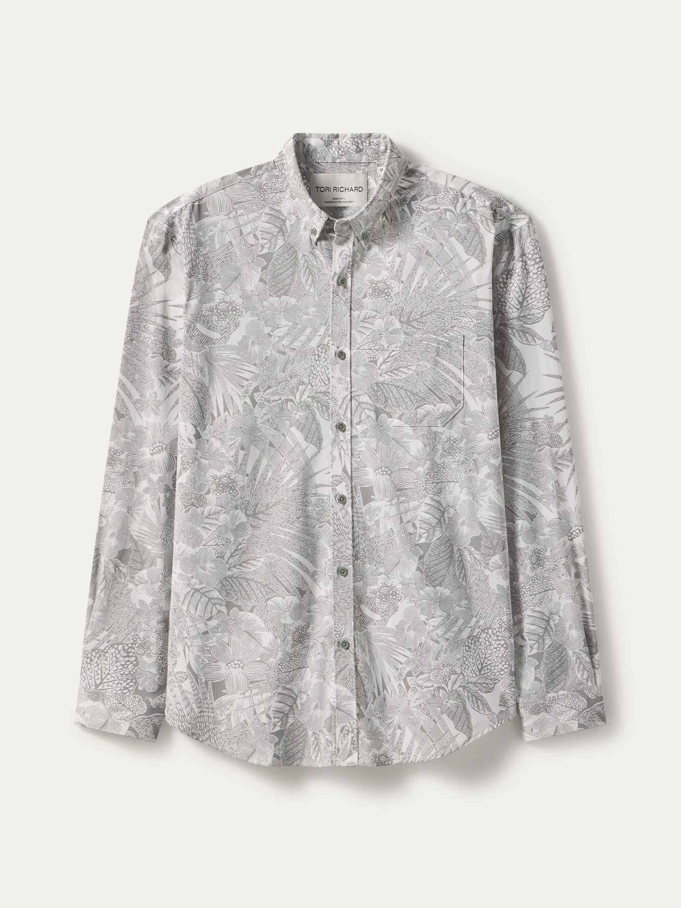 Gray and white tropical leaf print long-sleeve shirt, flat lay on light background (images 1 and 2).