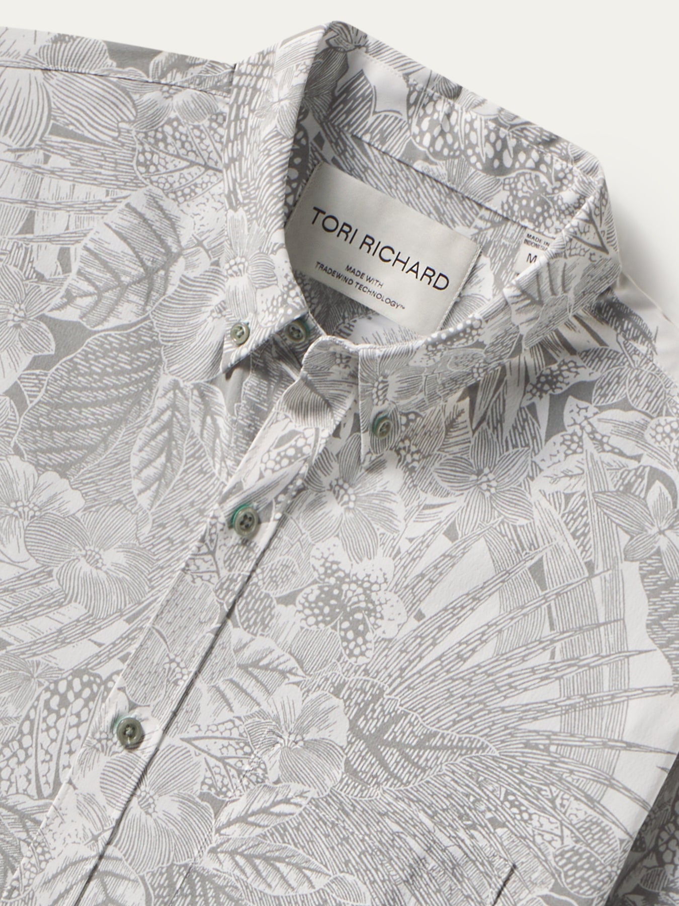 Gray and white tropical leaf-print long-sleeve shirt, Tori Richard label, front view shown in both images.