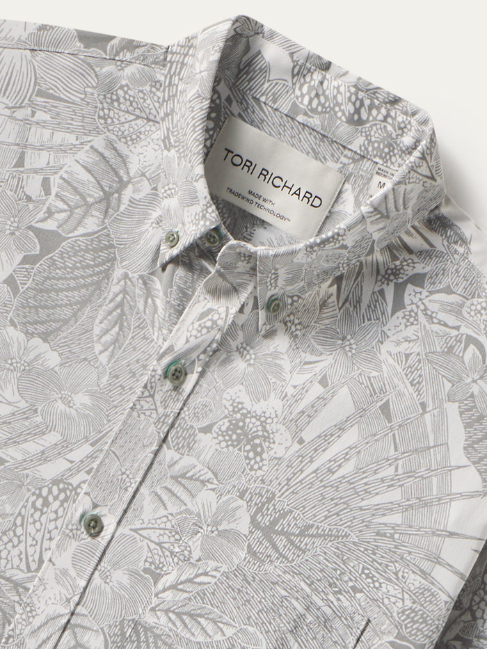 Gray and white tropical leaf-print long-sleeve shirt, Tori Richard label, front view shown in both images.
