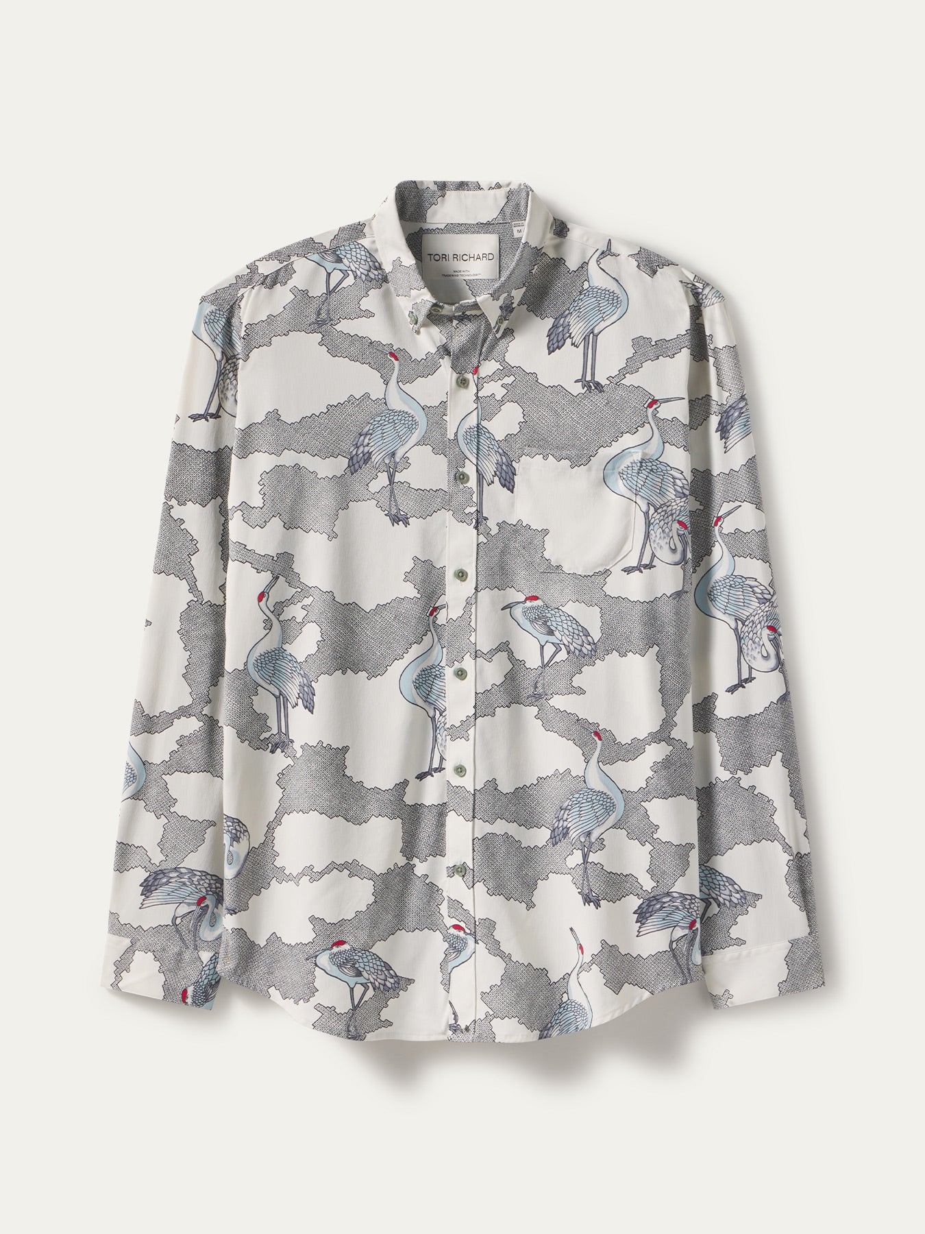 White long-sleeve shirt with gray and white crane print/pattern, front view.