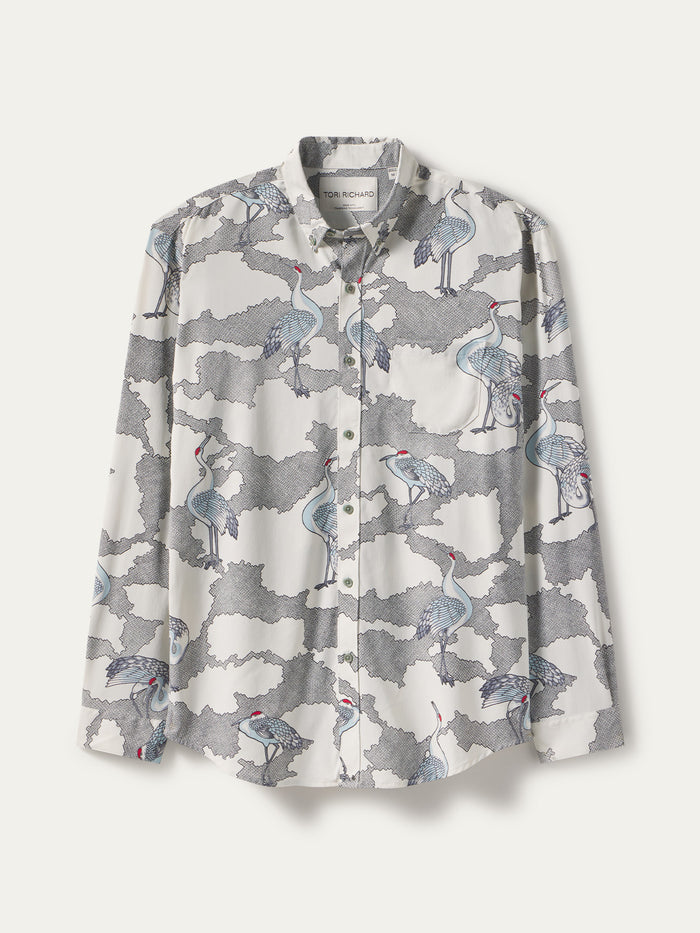 White long-sleeve shirt with gray and white crane print/pattern, front view.