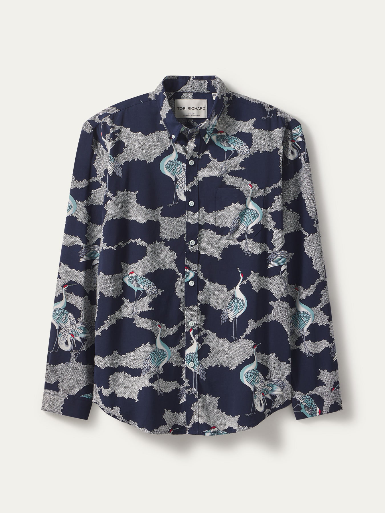 Navy crane and cloud print long-sleeve button-up shirt, front view shown in two images.