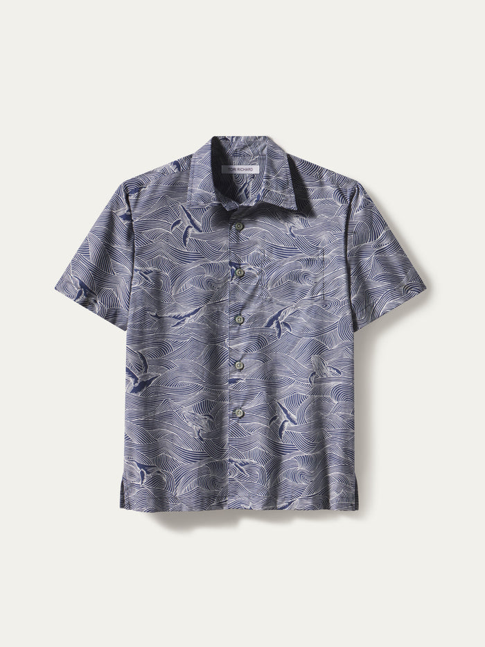 Blue and white whale-print Whale Season boy’s cotton lawn button-down shirt, front view{{/AltText}}.