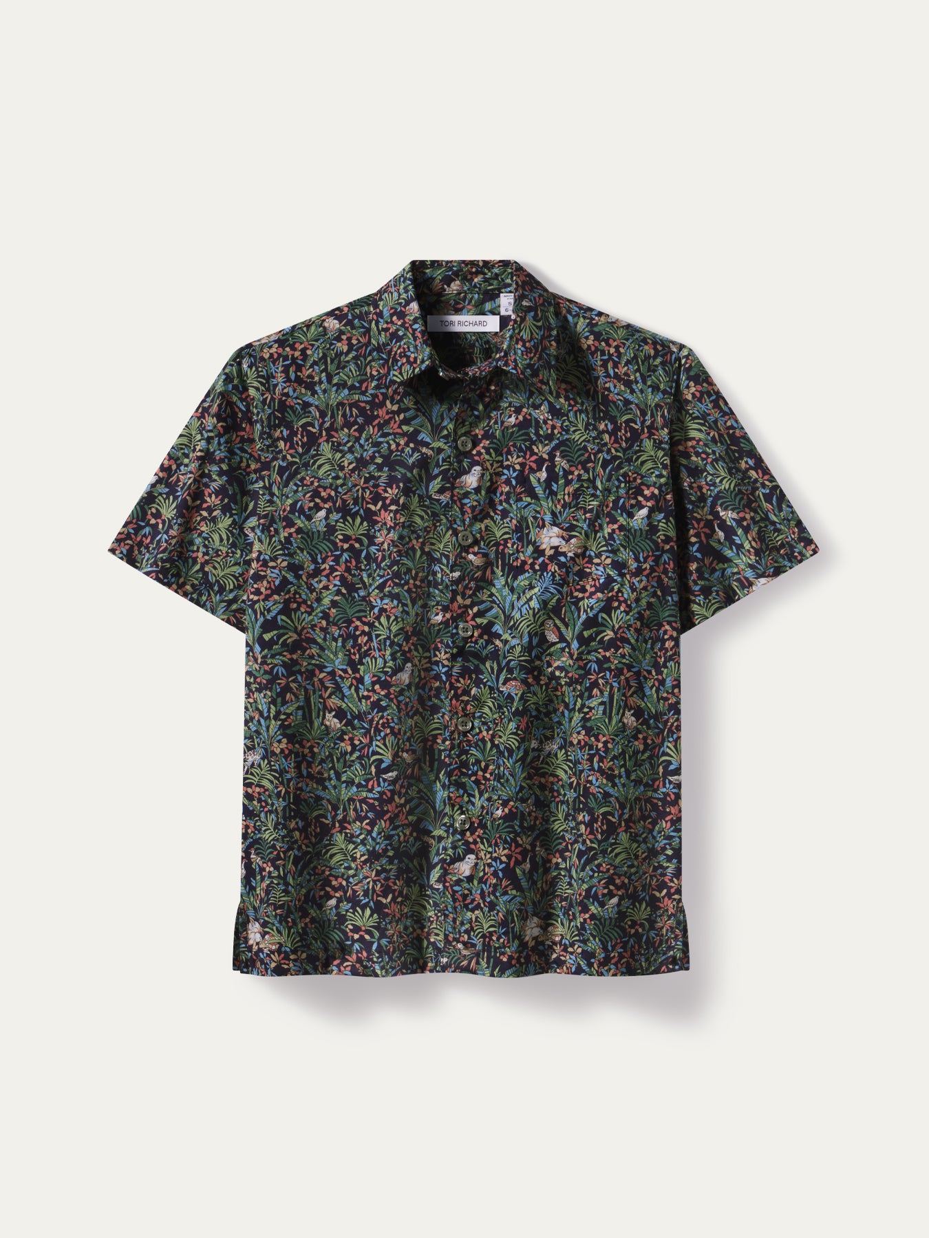 Multicolor floral and leaf-print short-sleeve cotton shirt, front view shown in Images 1 and 2.