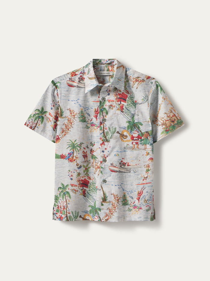 Blue tropical-print short-sleeve boys’ cotton shirt, front and back views.