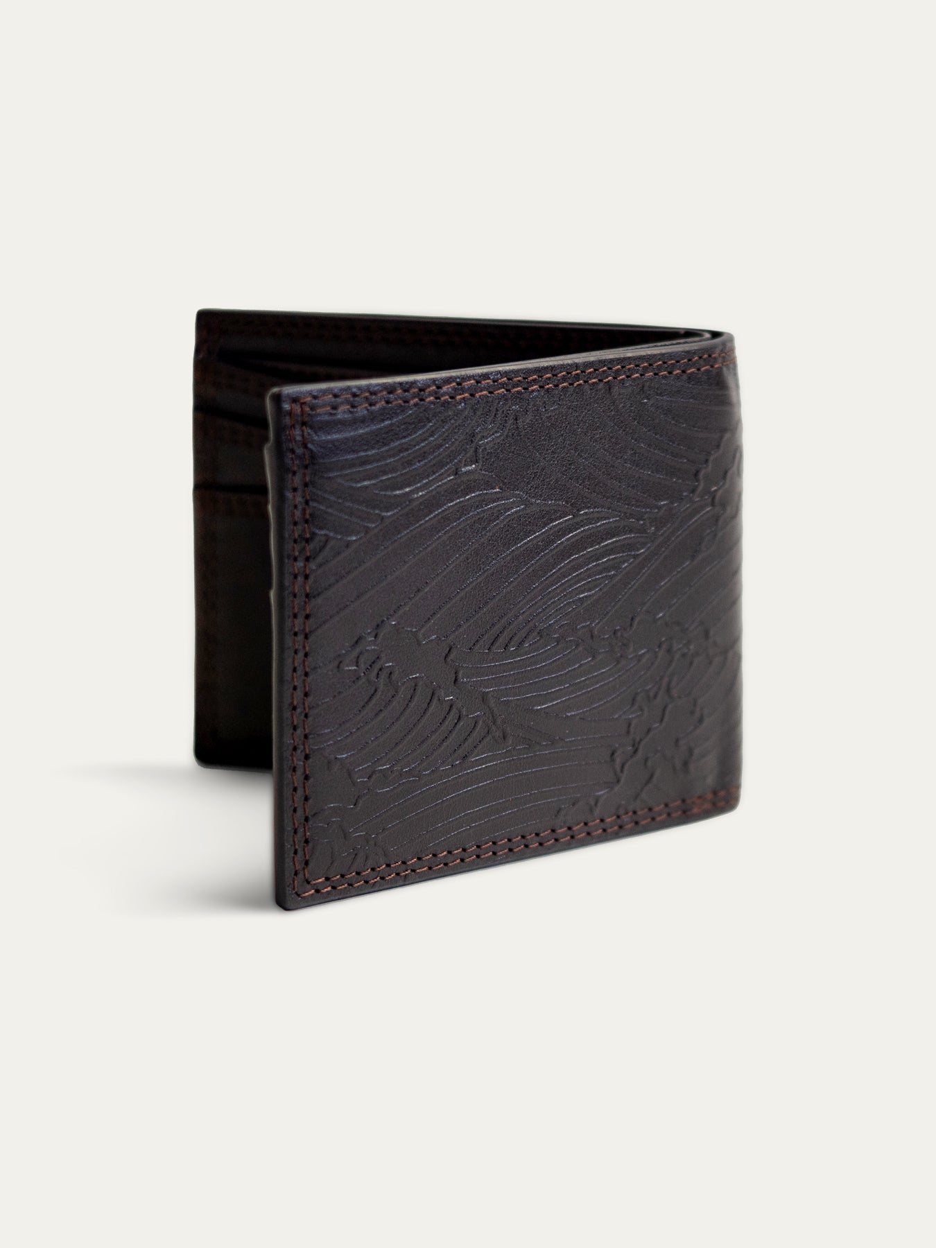 Two images: dark brown leather bi-fold wallet with embossed pattern, partially open, on a light background.