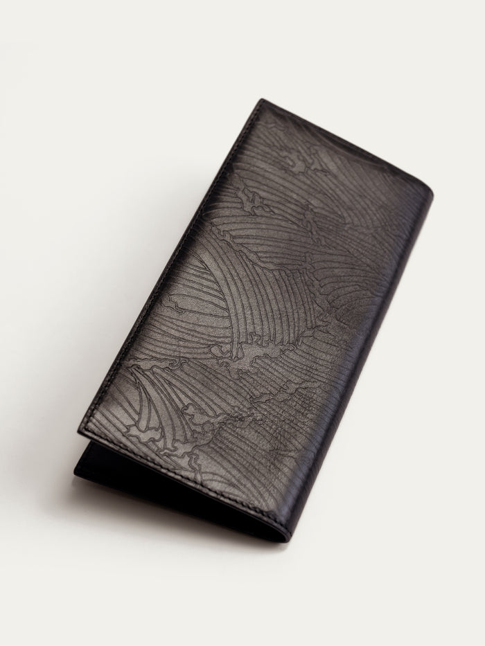 Black embossed leather wallet, passport holder, front view. Patterned black leather wallet, angled view.