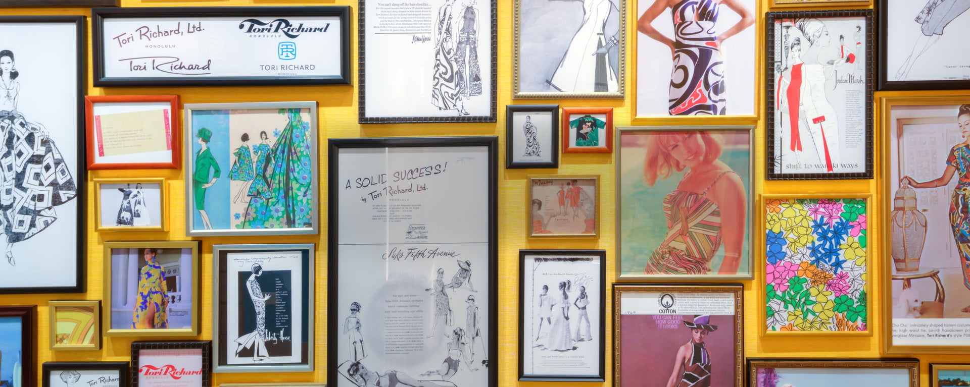 image of collages frames on the wall with various fashions from 1970s Tori Richard