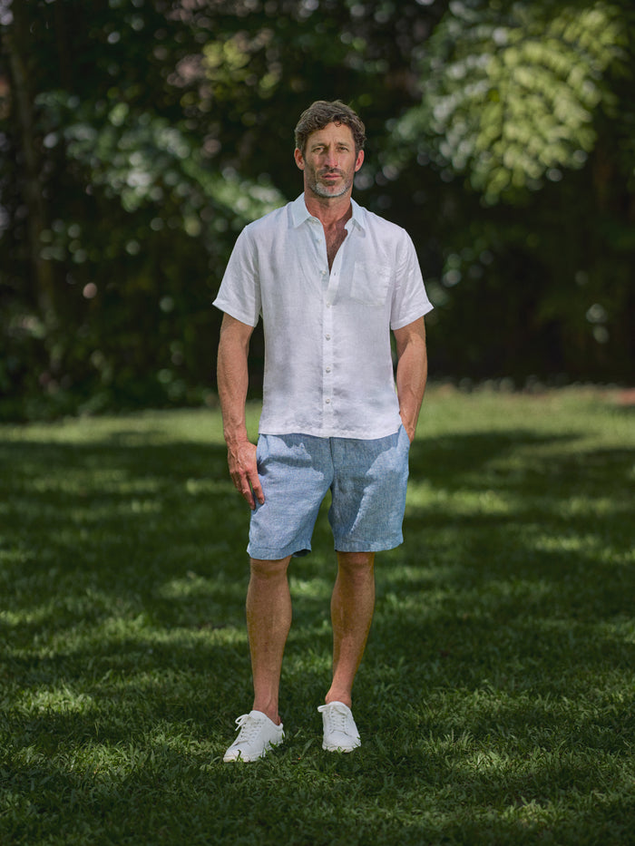 Light blue Baja linen shorts paired with a white short-sleeve shirt, front view.{{/AltText}}.