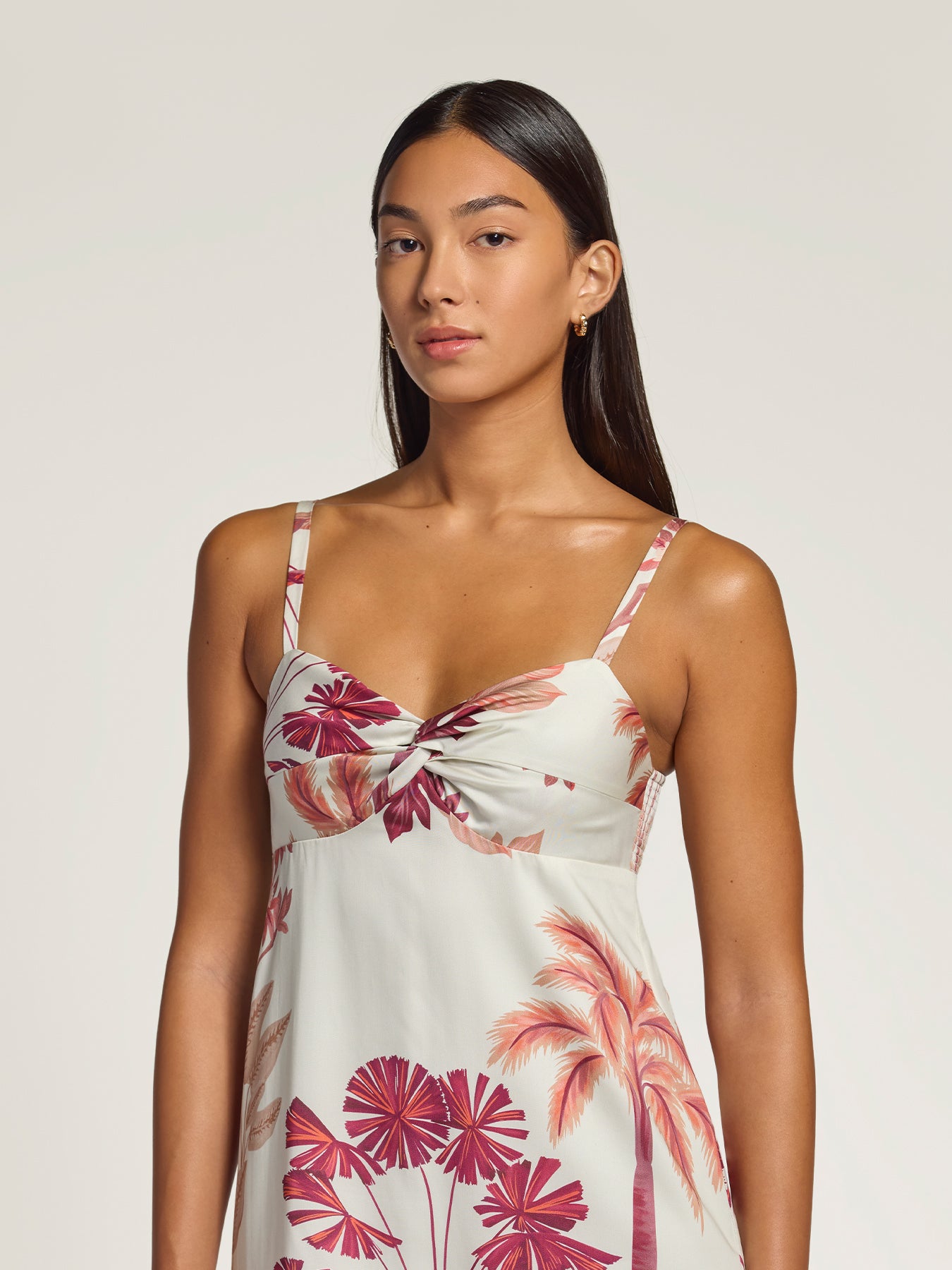 White dress with pink tropical print, Golden Hour Katherine style, full front view.