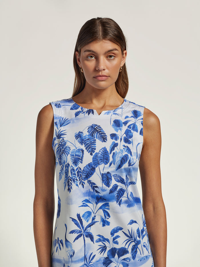 Blue tropical leaf-print sleeveless cotton-modal dress, front view on plain background (Images 1 & 2).