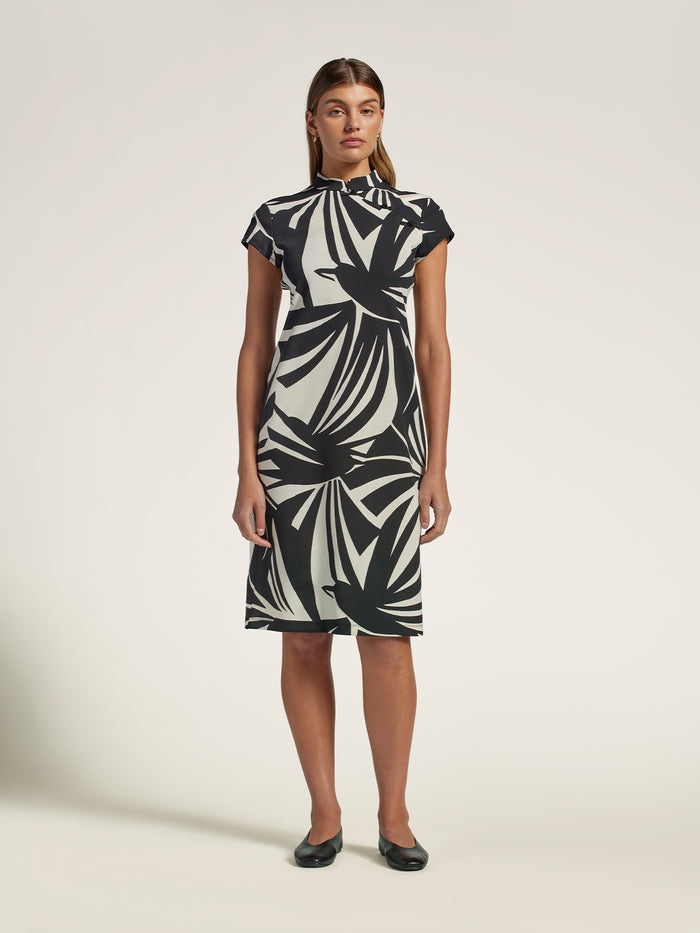 Black fitted mandarin-collar dress, solid color, full front view against plain background (Images 1 & 2).