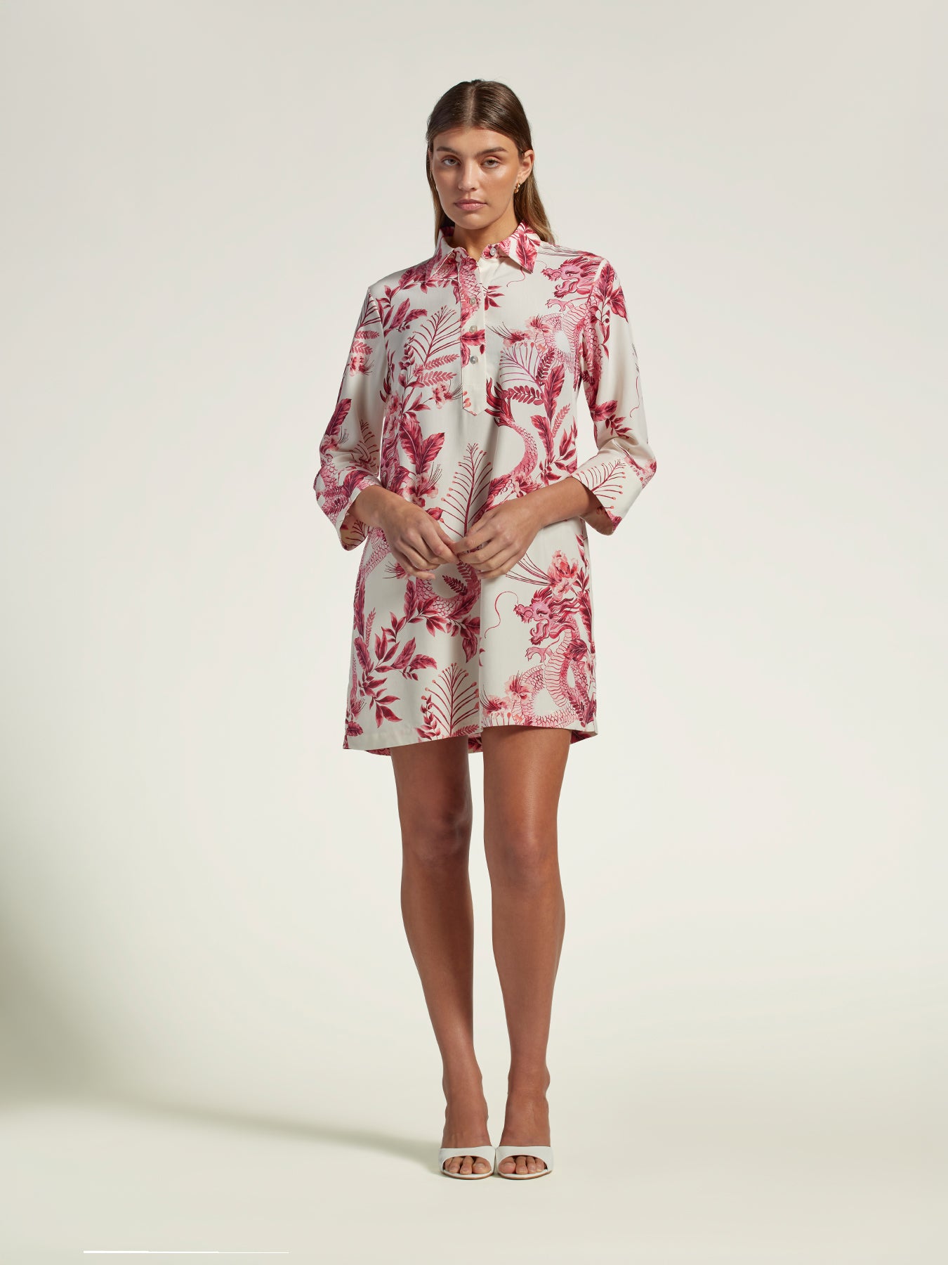 Red dragon and botanical print silk Tencel midi dress, front view on plain backdrop.