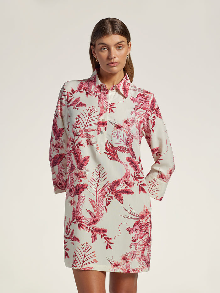 White dress with red floral and dragon print, front view against plain background (Images 1 & 2).