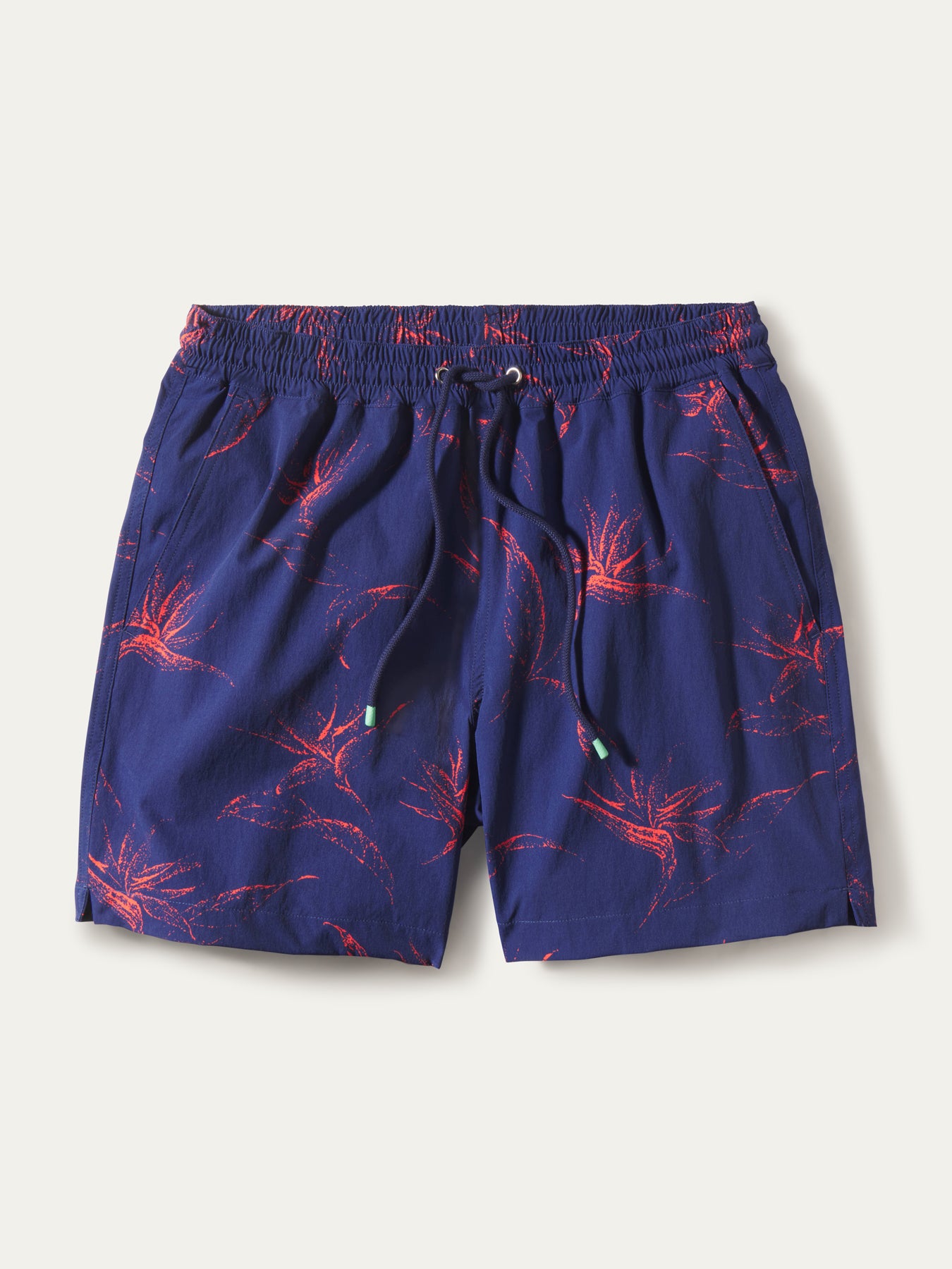 Red palm tree-print swim shorts with drawstring waist and pockets, front view (Images 1 & 2).