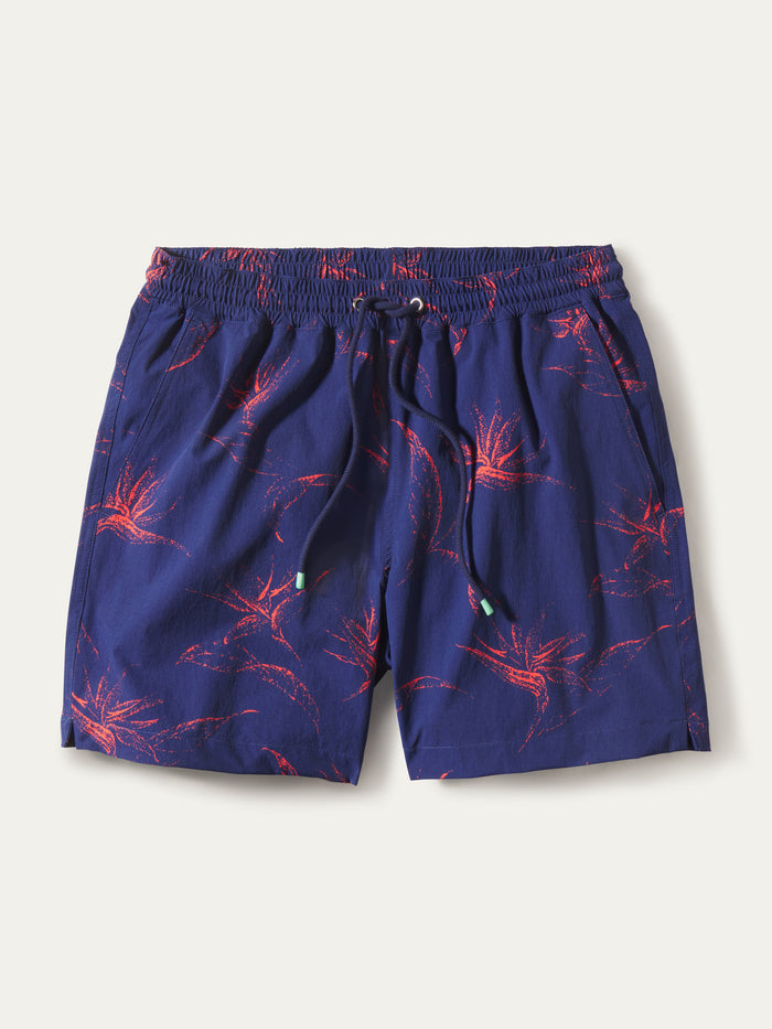 Red palm tree-print swim shorts with drawstring waist and pockets, front view (Images 1 & 2).