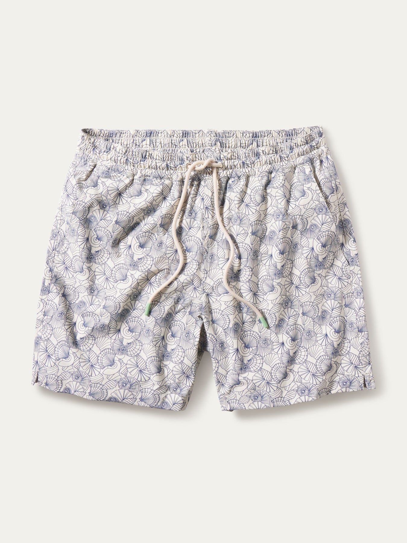Light blue floral-print swim short with elastic waist, beige drawstring, and mesh liner, front view.