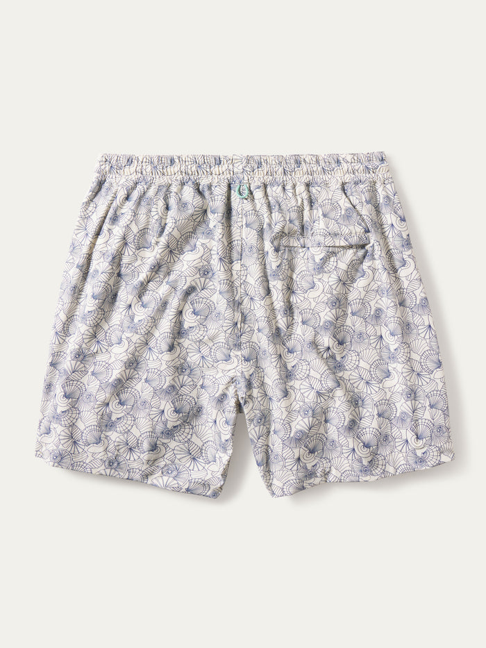 Light blue geometric-print swim short with mesh liner, elastic waist, button detail, and back pocket, front and back views.