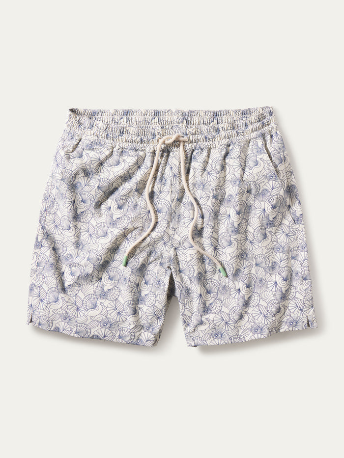 Light blue floral-print swim short with elastic waist, beige drawstring, and mesh liner, front view.