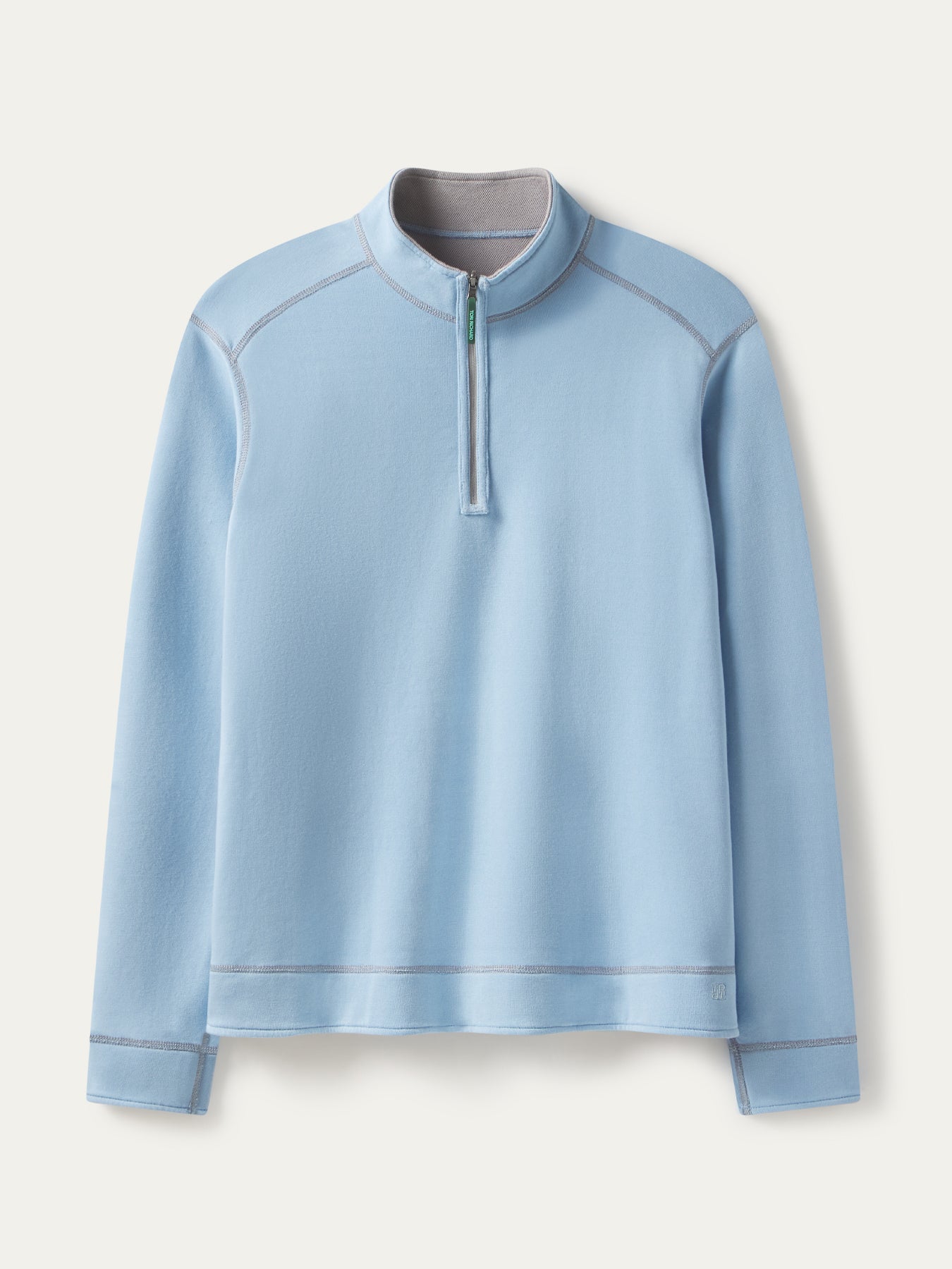 Light blue stretch-cotton quarter-zip pullover with gray stitching, front view on white background.