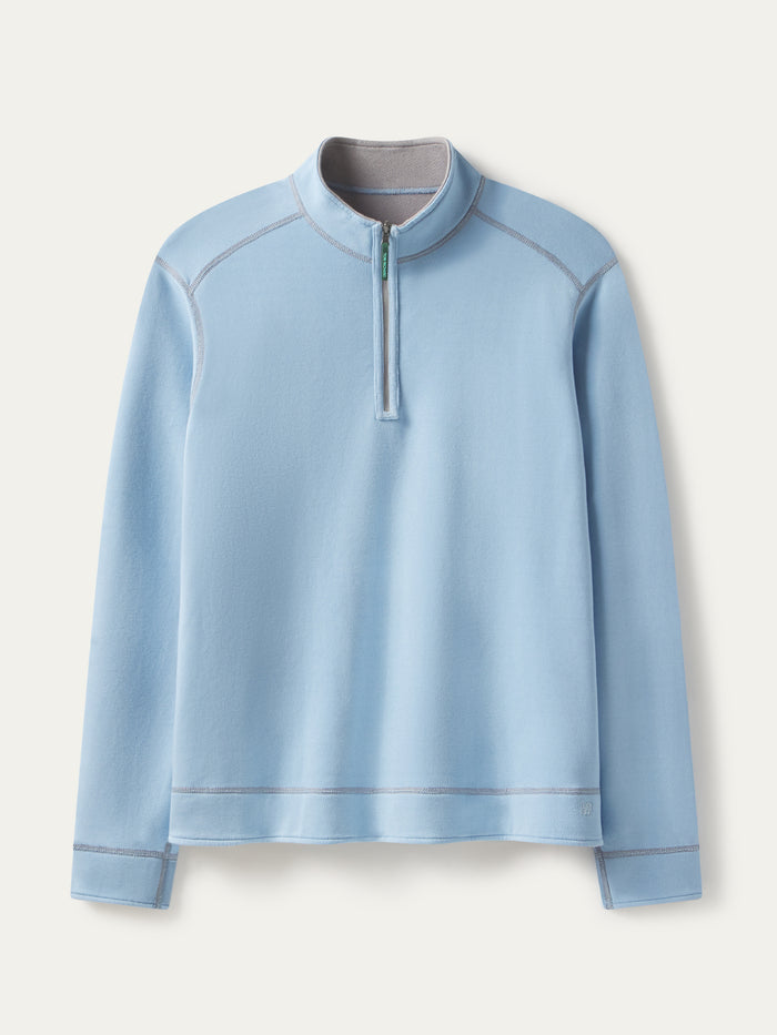 Light blue stretch-cotton quarter-zip pullover with gray stitching, front view on white background.