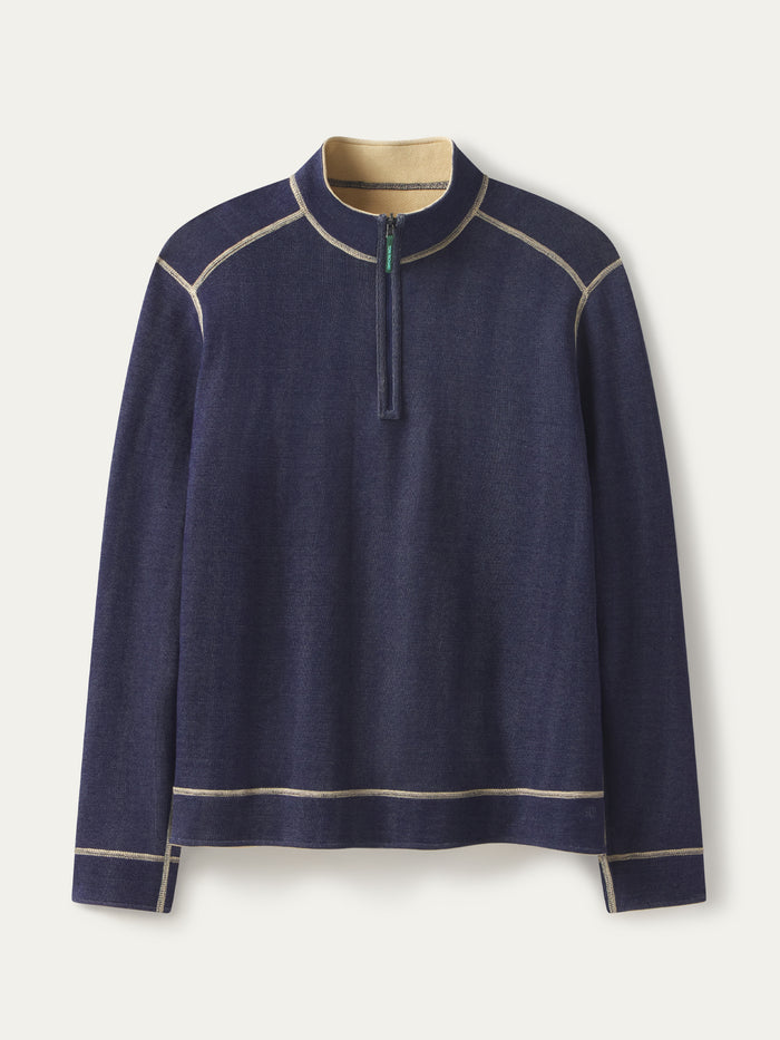 Navy stretch-cotton quarter zip pullover with beige stitching, front view.