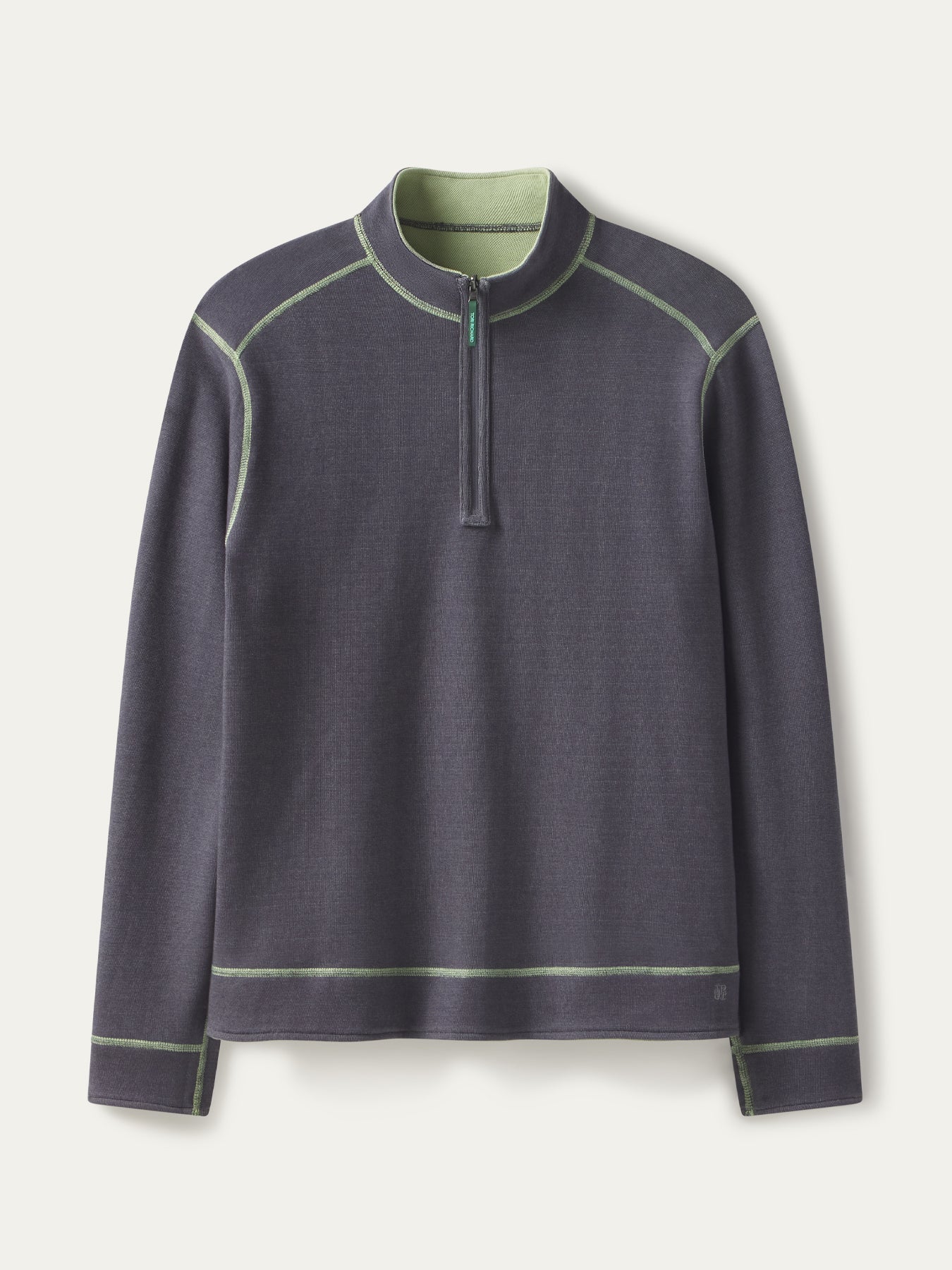 Dark gray quarter zip pullover with contrast stitching and light green collar, front view.