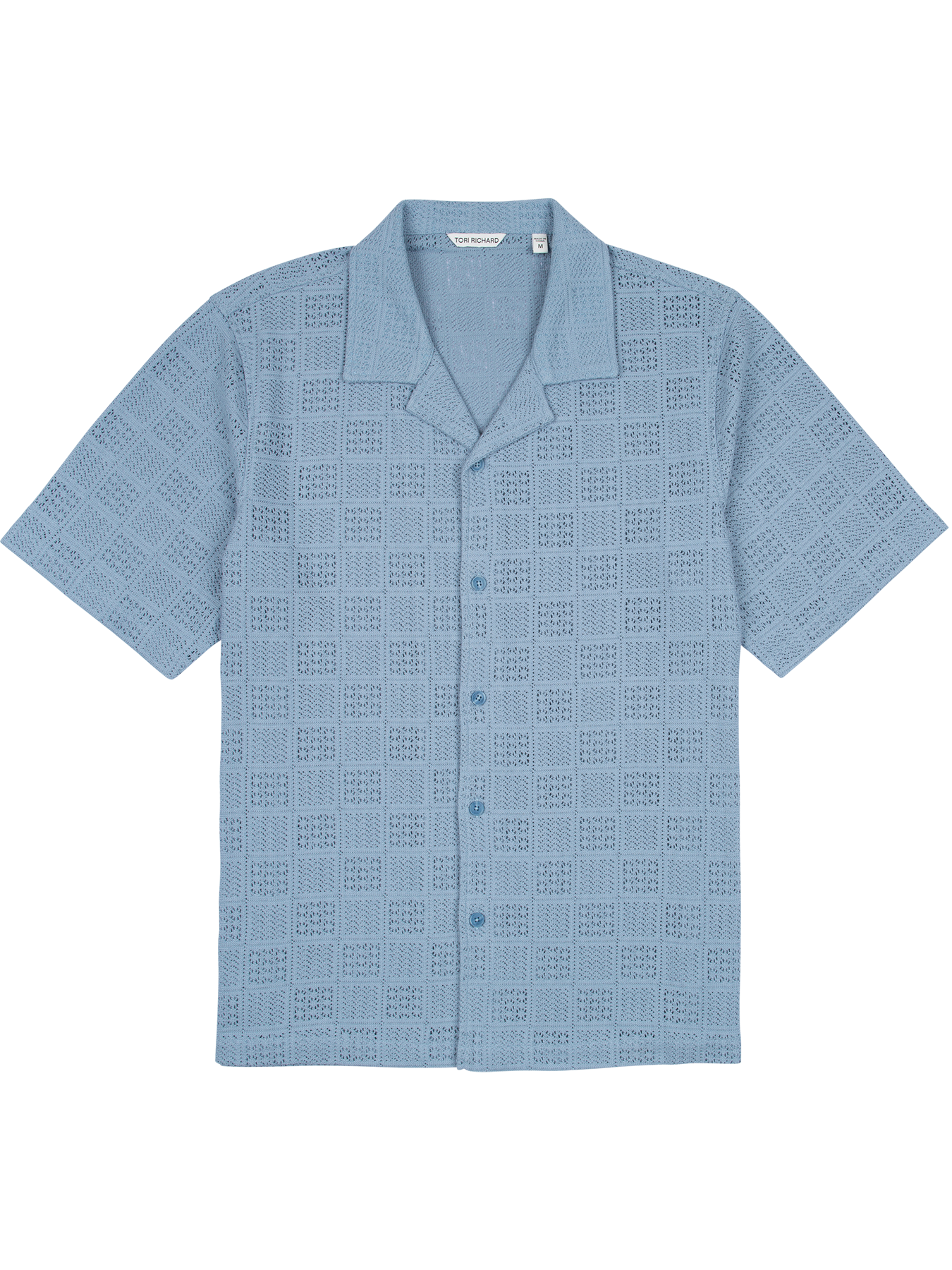 Light blue, breeze block pattern, Polynesia Cabana short-sleeve button-down shirt, front view.{{/AltText}}.