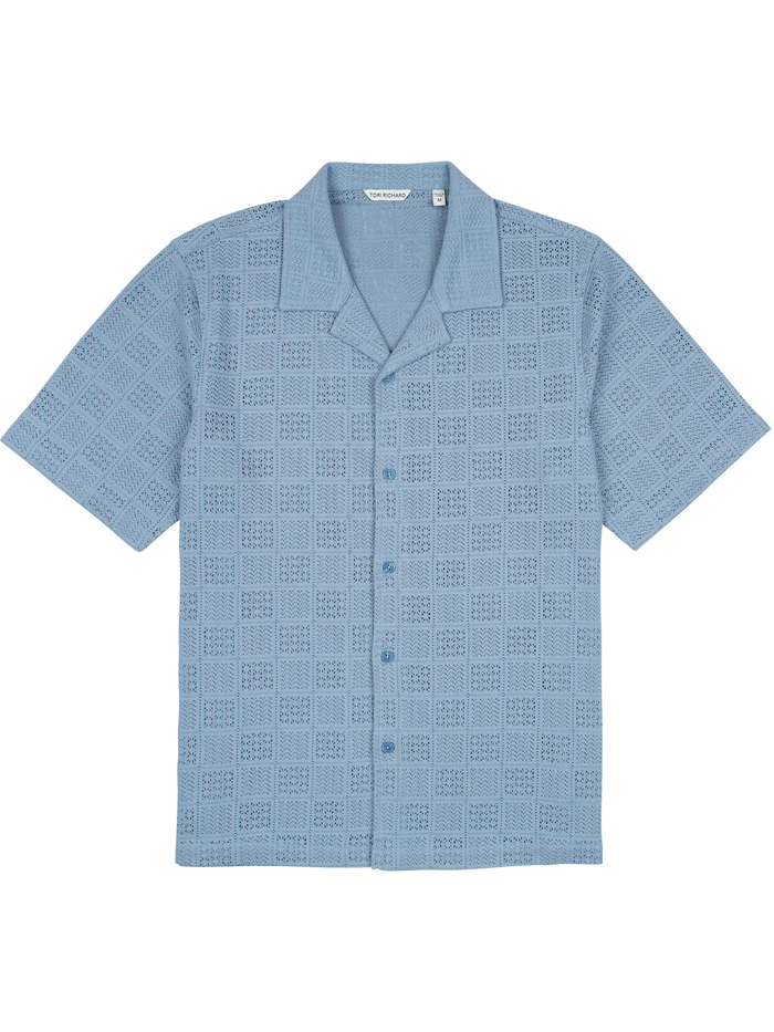 Light blue, breeze block pattern, Polynesia Cabana short-sleeve button-down shirt, front view.{{/AltText}}.