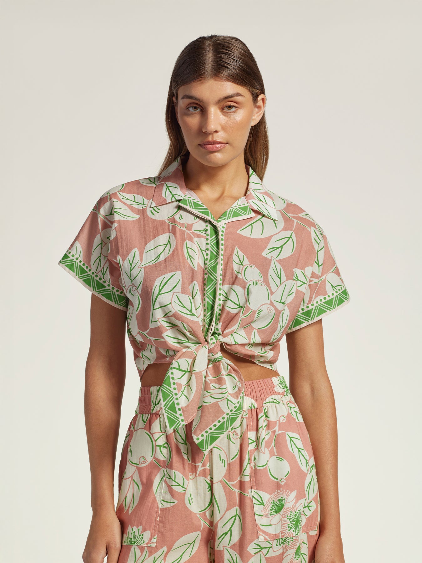 Pink floral Guava Grove blouse and skirt set, full front view against plain background (Images 1 & 2).