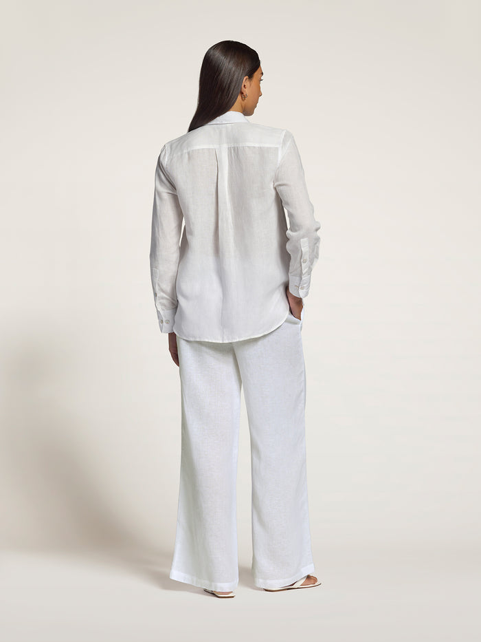 White solid linen long-sleeve top, back view in both images.