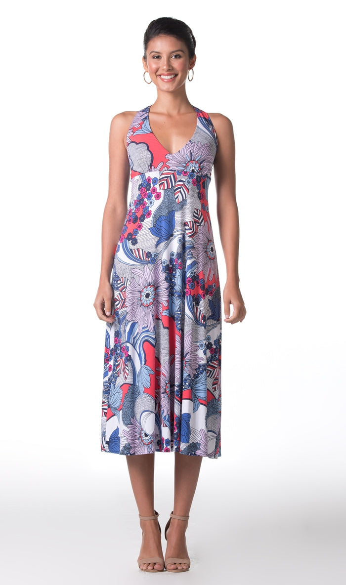 Colorful floral-print V-neck dress, front view, shown against a white background (Images 1 and 2).