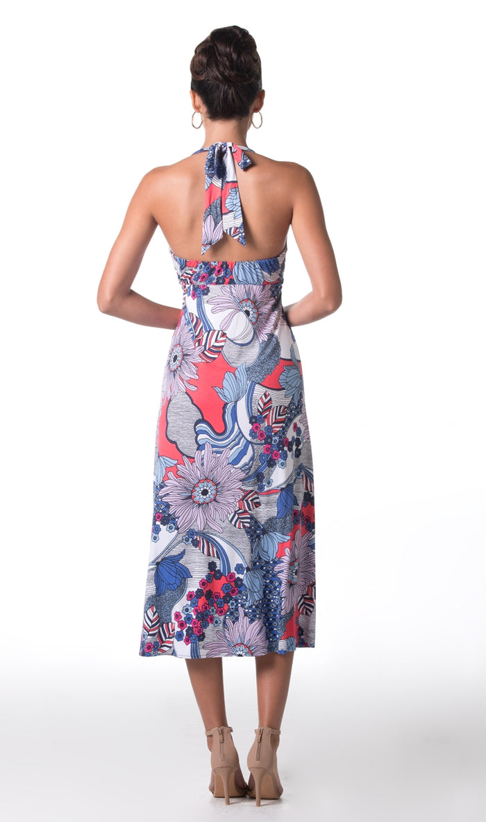 {{Coral and white abstract-floral midi dress, back view}}.