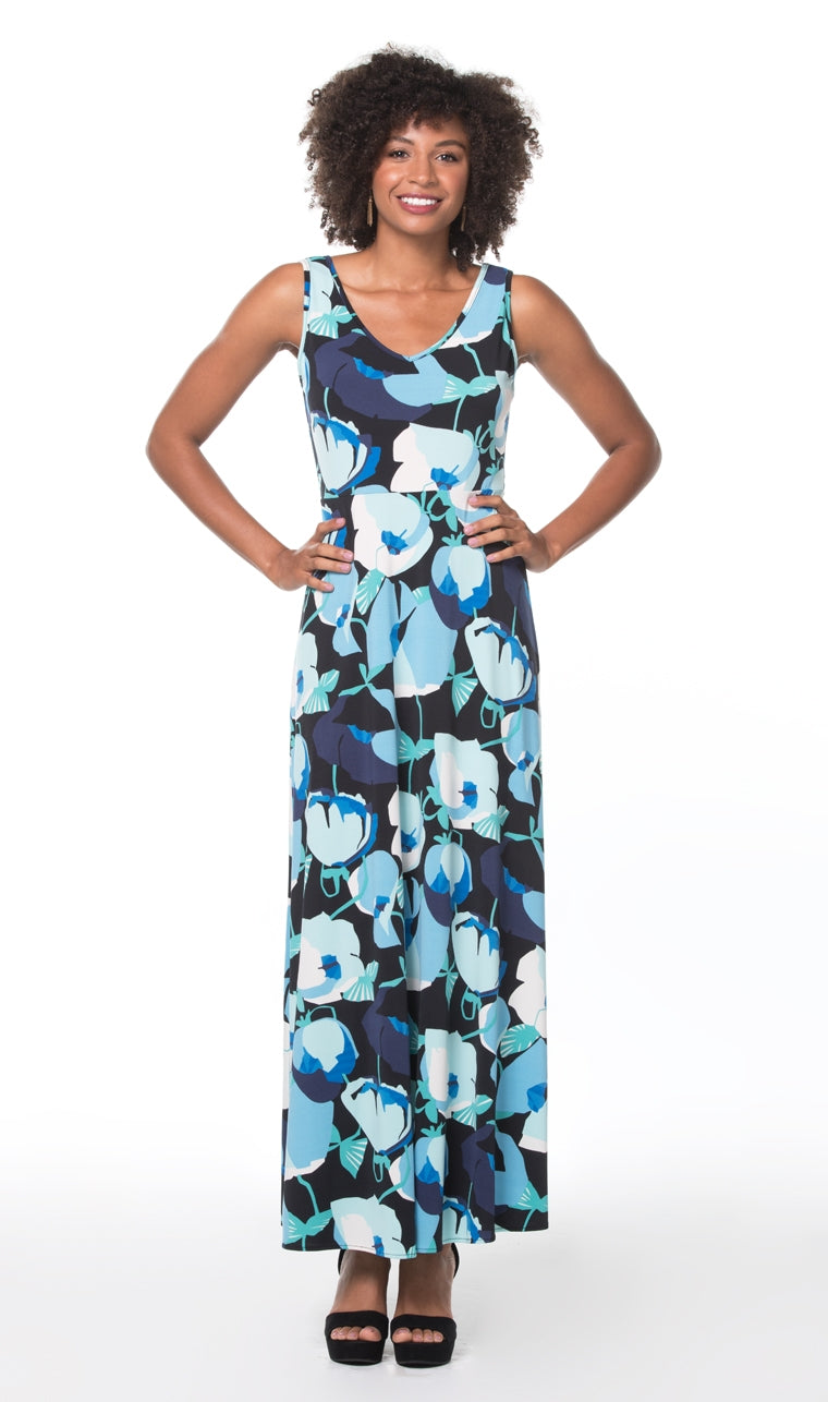 {{Blue floral-print sleeveless dress, hands on hips, front view}}{{/AltText}}.