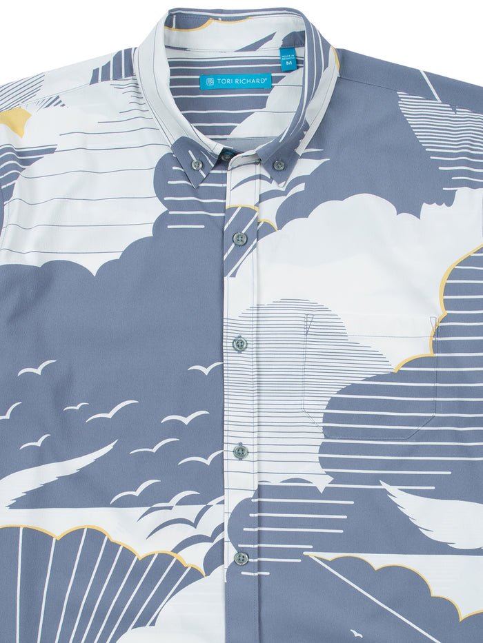 Gray and white abstract-print moisture-wicking shirt with front pocket, short-sleeve, shown from front view.