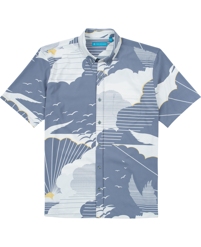 Front and back views of a light blue and white sky-and-clouds print short-sleeve button-up shirt.
