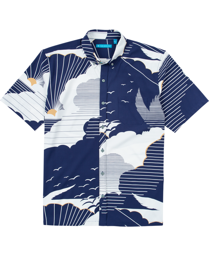 Navy shirt with clouds, birds, sunbeam print; moisture-wicking, short-sleeve; front and back views.