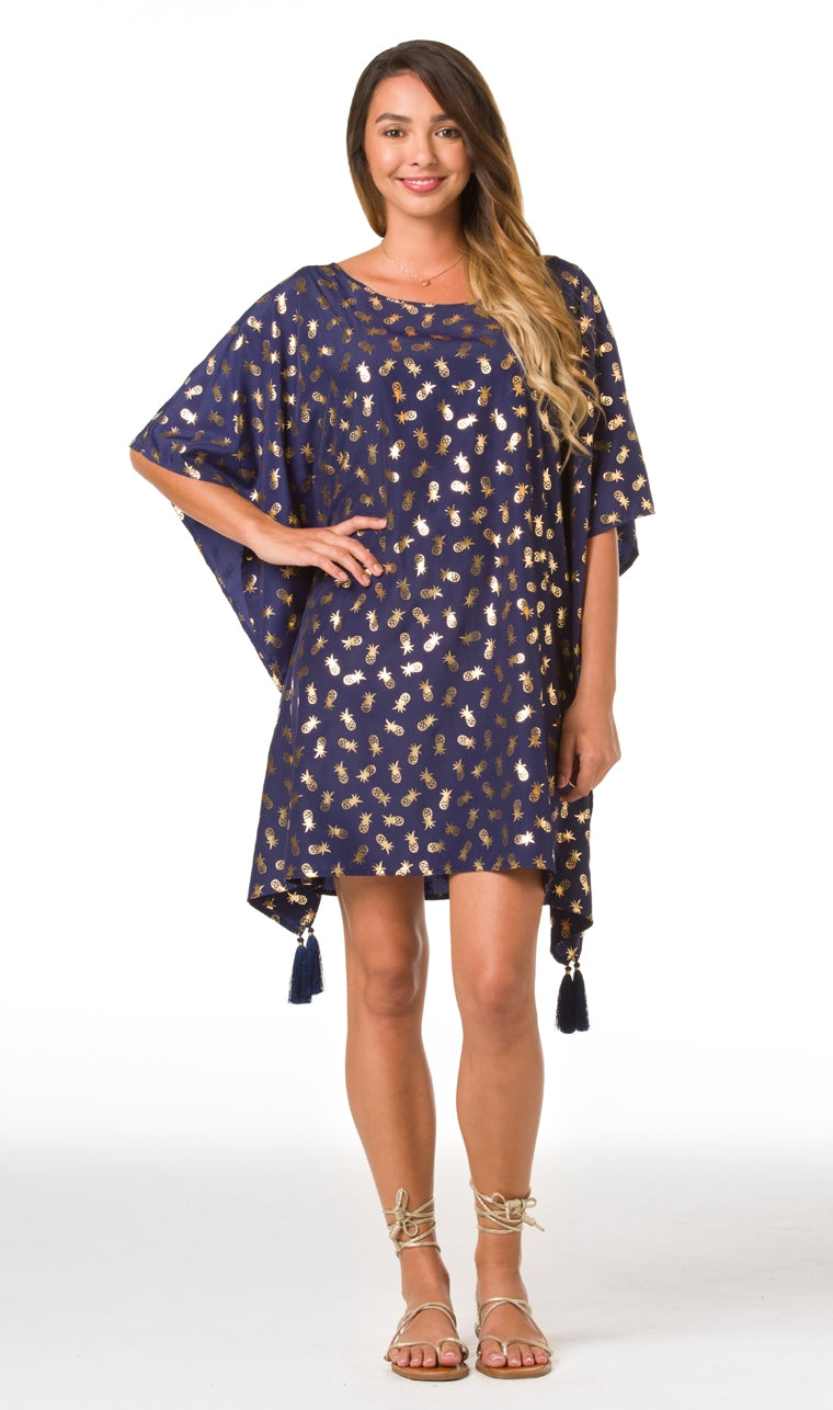 White sleeveless midi dress with gold foil print, front view shown in Images 1 and 2.