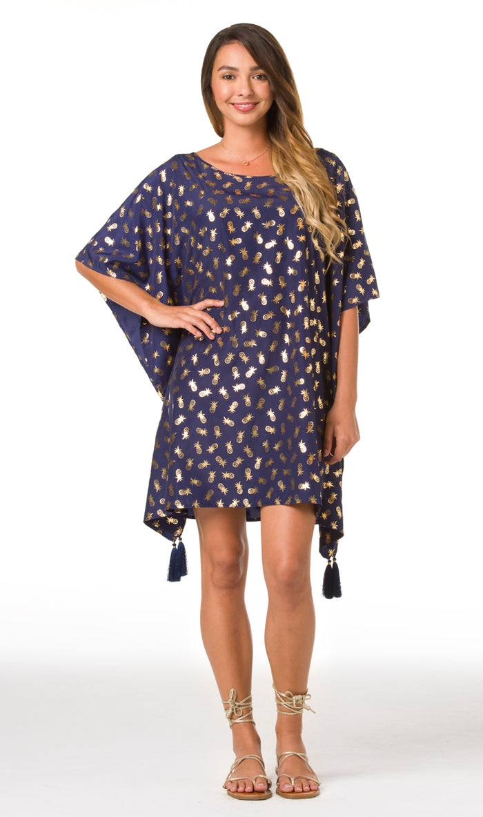 White sleeveless midi dress with gold foil print, front view shown in Images 1 and 2.